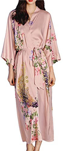 Vestaglia lunga da donna in raso kimono sciolto coprente stampa floreale vestaglia di seta pigiameria accappatoio, 1-rosa, Etichettalia unica
