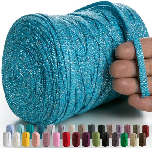 MeriWoolArt® Makramee Textilgarn zum Häkeln und Stricken - DIY glitzern flache T-Shirt Band Garn Dicke 10 mm, 125 m - Recyceltes Baumwollgarn mit Lurex, Viscose (Lurex Türkis)