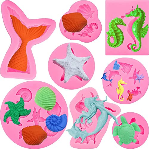 ZOOMPIL Fondant Form Meerjungfrau, 8 Stück Silikon Fondant Kuchen Formen, Meerestiere Fondant Formen 3D, Meerjungfrau Schwanz Seestern Seepferdchen Muschel Animal Schokoladenformen