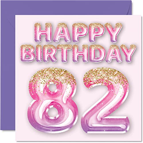 Geburtstagskarte zum 82. Geburtstag für Frauen – rosa und lila Glitzerballons – Happy Karten für 82 Jahre alte Frau Mama Great Nanny Grandma Gran 145 mm x 145 mm 80 Sekunden Geburtstagskarten Geschenk