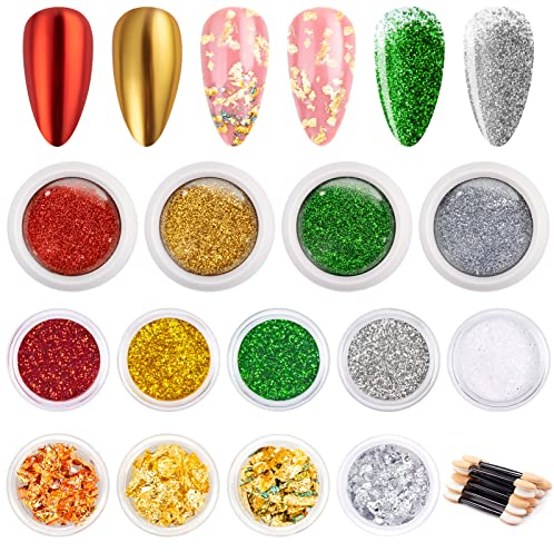 MELLIEX Nagelpuder-Set, Inklusive 4 Chrome Nail Powder, 5 Glitzer für Nägel, 4 Blattgold Nägel Mit 8 Lidschatten Pinsel für Salon Home Nail Art Nageldesign DIY