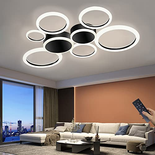 LED Deckenleuchte Wohnzimmerlampen Moderne Ring Designer Schlafzimmer Deckenlampe Dimmbar Mit Fernbedienung Deko Deckenlicht aus Metall Acryl für Wohnzimmer, Flur, Schlafzimmer (Schwarz, 8 Ring,105W)