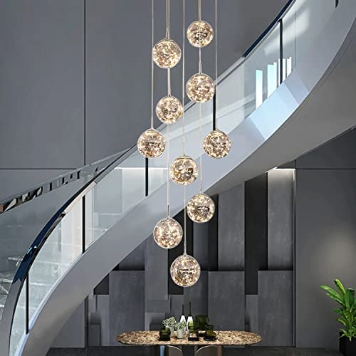 KAUCQI 10 Glaskugel LED Pendelleuchte, 50W Kreativer Sternenklarer Langer Pendellampe, Treppenhaus LED Kronleuchter, Hängeleuchten mit Verstellbarer Länge