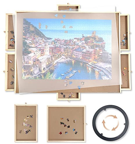 WOOD CITY Puzzle Board, 1500 Piece Wooden Jigsaw Puzzle Board with Drawers, 35” x 27” Portable Puzzle Table with Covers and Lazy Susan, Rotating Jigsaw Puzzle Table for Kids and Adults (1500PCS)
