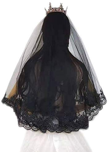 DAPERCI Single Layer Frauen Mädchen Cover Gesicht Schwarz Hochzeitsschleier Stickerei Blumenspitze Trim Halloween Cosplay Kostüm Brautschleier