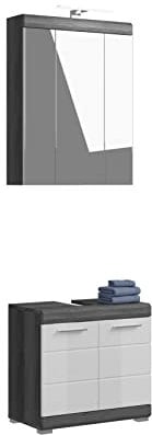 xonox.home Badezimmer Scout 2tlg.-Set Badkombination Badmöbelset Badset Badezimmerschrank in Front weiß Hochglanz Korpus rauchsilber Nb., ca. 60x191x34 cm inkl. Beleuchtung