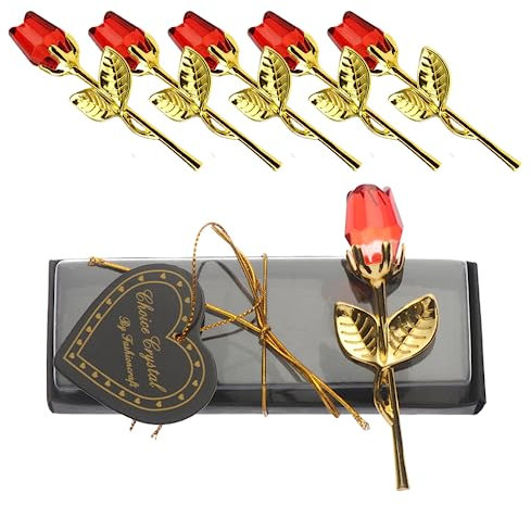 beyonday 5pcs Mini Glas Rose Blume mit Box, Romantische Kristall Rose Geschenk für Hochzeit Souvenirs Jahrestag Geburtstag Neujahr, Ideen für Mama Frau Schwester Freundinnen Oma (Gold-Weinrot)