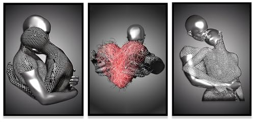 Moderne Kunst Metall Figur Leinwand Malerei Poster, Metall 3D Skulptur Effekt, Romantische Liebhaber Umarmung Home Poster Set, Rahmenlos (Stil 1,40X60CM*3)