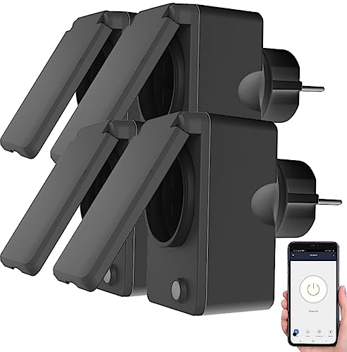Luminea Home Control WLAN-Steckdose Schalter: 4er-Set smarte WLAN-Outdoor-Steckdosen, Energiekostenmesser, 16A, IP44 (Steckdose mit Fernbedienung, Zeitschaltuhr WiFi, Weihnachtsbeleuchtung)