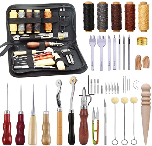 Leder Werkzeug,DIY Leder Werkzeug Set Leder Nähset mit Gewachster Fadennahtrille Stanzwerkzeug Set,Groover, Nähen Nadeln Sets und Andere Leder Nähen Werkzeug für Leder Hand für Anfänger Erwachsene