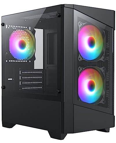 CiT Level 1 Micro-ATX PC Gaming Case M/ATX with Tempered Glass Front & Side Panels with 3 x RGB Rainbow Fans Included | Black