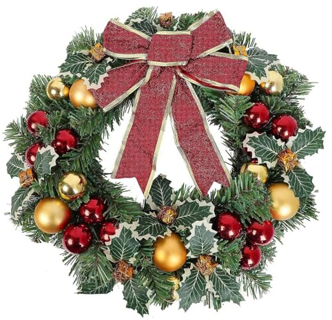 45 cm Weihnachtskränze, Bunte Kugeln und rote Schleifen, Kranz, künstliche Weihnachtskränze, Winterkranz für den Außenbereich, für Innen- und Außenbereich, Kamin, Wand- und Türdekoration