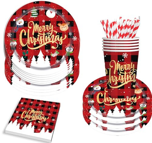 48 Pcs Christmas Disposable Dinnerware Set, 12 Guests 9 Inch Disposable Christmas Plates Cups Napkins Straws Dinnerware Christmas Red Pattern with Snowflakes Party Tableware for Christmas Supplies