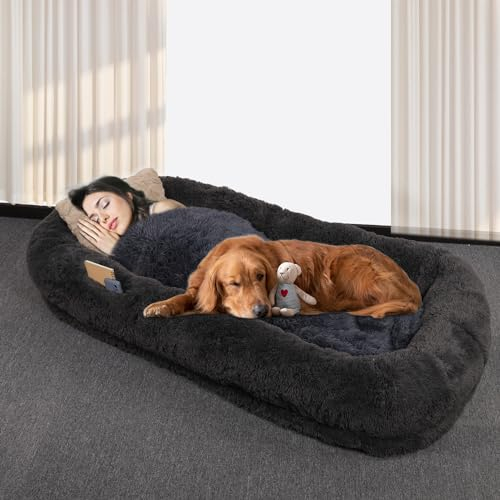PEUTIER Menschliches Hundebett, 185x120x30cm für Große Hunde, Faltbar für Erwachsene Mit Decke, Gurt und Kissen (Dunkelgrau)