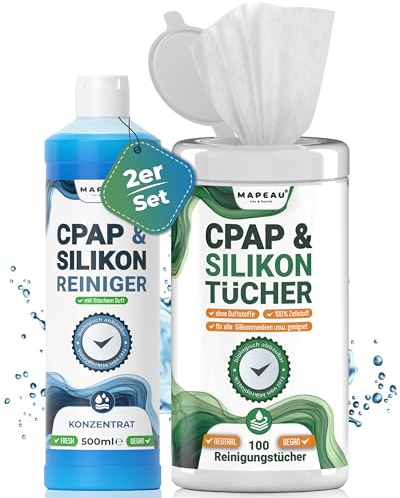 1x 500ml CPAP Reiniger Konzentrat 100x Reinigungstücher Silikonreiniger I Mapeau CPAP Maskenreiniger Schlauchreiniger, Silikon, Gummi, Kunststoff, hochergiebig (2er Set)