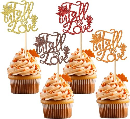 SYKYCTCY 24 Pack Fall in Love Cupcake Toppers Glitter Maple Leaves Fall Maple Leaves Cupcake Picks Thanksgiving Bride Cupcake Decorations Bridal Shower Wedding Engagement Anniversary Party Supplies