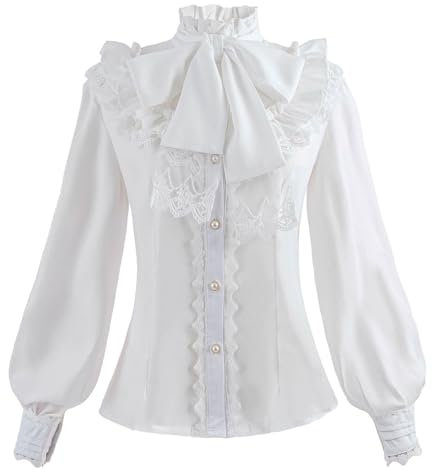 CR ROLECOS Chemisier victorien gothique à boutons à manches bouffantes pour femme M, Blanc-1, XXXL