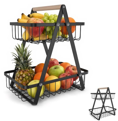 LILIIN Obst Etagere 2 Etagen Obstkorb Rack Obstschale aus Metall | Abnehmbar Obst HalterKüche Ablagekorb für Küche Lager Obst Gemüse(Schwarz)