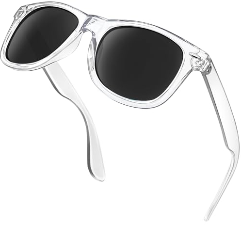 KANASTAL Polarisiert Sonnenbrille Herren und Damen Retro Klassische Rectangular Sonnenbrille UV400 Schutz für Fahren Wandern Golf Angeln, Transparent Rahmen Schwarz Gläser