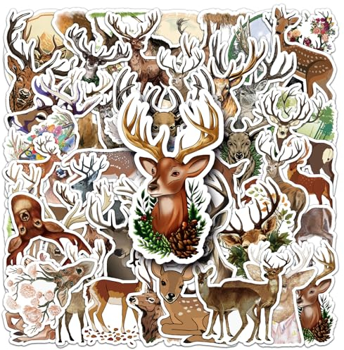 Hirsch Aufkleber 50 Stück Vinyl Cartoon Tiere Stickers für Laptop Skateboard Scrapbook Gepäck Auto Koffer Telefon Motorrad Computer,Wasserdicht Niedliche Deer Aufkleber für Erwachsene Jugendliche