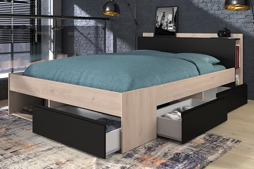 möbelando Bettanlage >Most 7< in Eiche Jackson/Schwarz - 220x150x79cm (LxBxH)