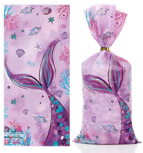 BETESSIN Geschenktüten Kindergeburtstag Mädchen - 25 Stück Meerjungfrau Mitgebsel Tüten mit Twist Ties - Gastgeschenke für Kindergeburtstage und Meerjungfrau Partys - 27.2x12.5 cm