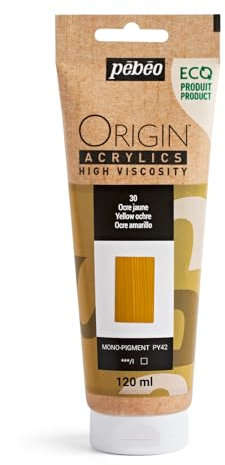 Pebeo - Origin Acrylics 120 ml - Peinture Acrylique Éco-Conçue - Haute Viscosité - Finition Mate - Liant 100% Recyclé - 96% de Matières Premières d’Origine Européenne - Ocre Jaune