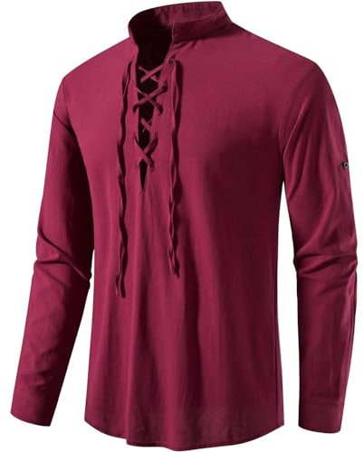 Leinenhemd Herren Langarm Freizeithemd Herren Mitteralterhemd Herren Universal Fit Herren-Kostüm mit Schnürung, Baumwolle, mittelalterliches Vintage-Kostüm