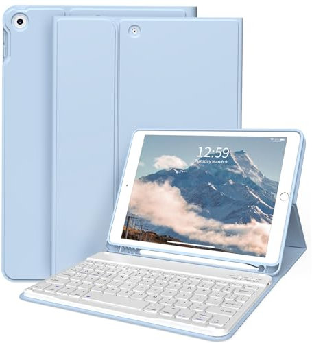 ZKTUYU Keyboard Case for iPad 9th/8th/7th Generation 10.2 inch 2021/2020/2019 with Pencil Holder, Stand Folio Detachable Wireless Bluetooth Keyboard Cover, Soft TPU Back Smart Case, Blue