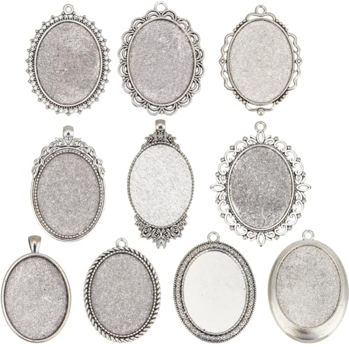 SOFPLATE 10 Pieza de 10 Estilos de Bisel de Cabujón En Blanco Bandeja de Bisel de Encanto Aleación de Estilo Tibetano Bandejas de Plata Antigua Ovaladas Planas Configuraciones de Colgantes para Hacer