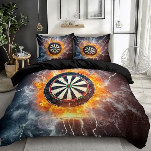 Quixora 3-teilig Bettwäsche Set Schwarz Bettbezüge für Kinder und Teenager, mit Sport Darts Thema 135 x 200 cm + 2 Kissenbezügen, Dekor-Bettwäsche