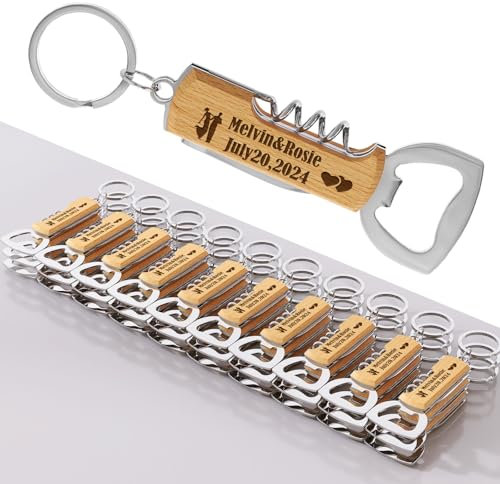 Stepdiy 30pièces Décapsuleur en bois multifonctionnel personnalisé pour les fêtes de mariage, cadeaux de mariage pour les invités, porte-clés décapsuleur gravé.