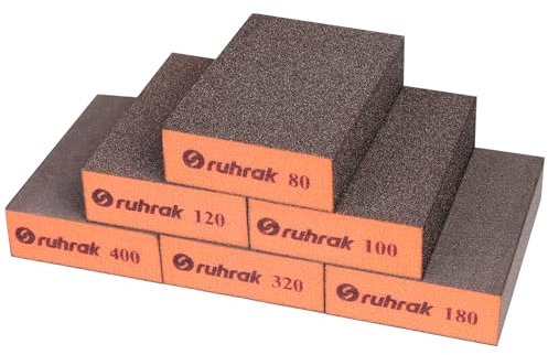 Sruhrak Schleifblock 6 Stück Hart Schleifschwamm, 80/100/120/180/320/400 Körnung Nass-Trocken-Wiederverwendbare Schleifpad für Holz, Kunststoff, Gipskarton und Metallpolitur