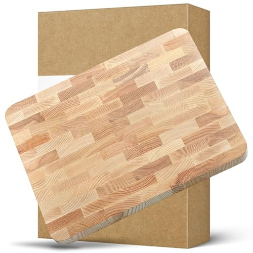 HEZHEN Ashwood Cutting Board, End Wood Grain Chopper Board, Built-in Handle, Space for Drip Tray, Multifunctional Serving Board Serving Tray