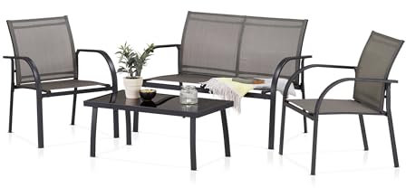 KHG Gartenset Anthrazit, 2 Gartenstühle, Gartenbank & Gartentisch, für 4 Personen, wetterfest Eisen, Bezug aus PVC Balkonset Outdoor, 110 kg belastbar