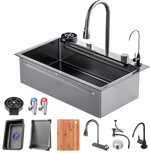 AIVANOTO 70 x 50 cm fregadero de cocina en cascada, negro, XL, grande, rectangular, acero inoxidable con sifón, desagüe de cocina, 1 lavabo de cocina, fregadero de cocina, fregadero de cocina