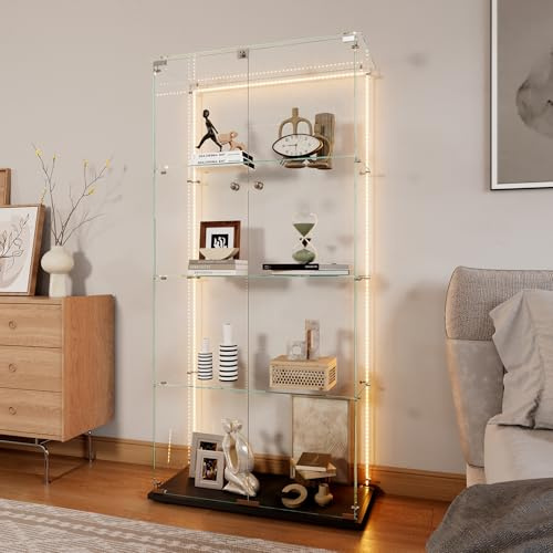 Vitrine aus Glas mit LED-Streifen, Vitrine für Sammlung, transparent, Vitrinenschrank aus Glas mit 2 Türen mit Schloss und 4 Regalböden, Vitrinen für Wohnzimmer, Bar, 163 x 78,5 x 35 cm, Schwarz