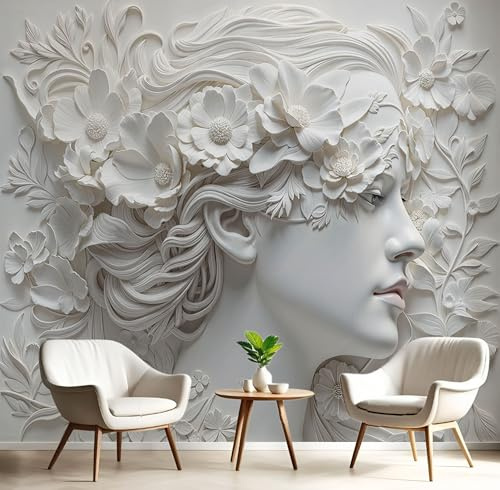 Papier Peint Soie Panoramique Floral Femme, 3D Poster XXL Papier Peint Motif Élégante Portrait, Fresque Murale 350×256 cm, Décoration Murale Blanc Pour Salon Chambre Bureau Tv