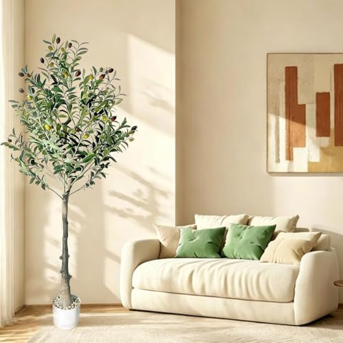 6FT Artificial Olive Tree,Fake Tall Plant Lndoor Outdoor,With White Pot | Equipped with Natural Wood Trunk & Lifelike Fruits, Suitable For Home,Office, Living Room, And Outdoor Floor Decoration