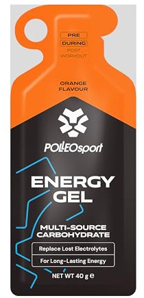 Polleo Energy Gel - Isotonisches Energiegel mit 28 g Kohlenhydraten - Schnelle Energie für Training, Ausdauer & Sport - Mit Koffein & Taurin - Vegan (40 g, Orange)