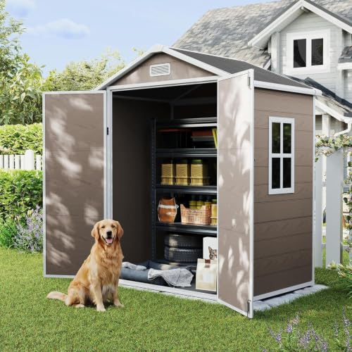 UDPATIO Abri de Jardin en Résine 12mm 184x135x210cm, 3.9 m³ - Cabane de Jardin Extérieur avec Toit Incliné Anti-Pluie, Porte Verrouillable pour Rangement Outils/Vélo (Marron)