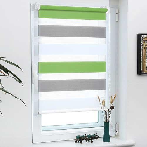 Grandekor Doppelrollo Klemmfix ohne Bohren Grün-Grau-Weiß 75x150cm(Stoffbreite 71cm) Fenster Rollos für innen Klemmrollos Duo Rollos für Fenster ohne Bohren mit Bohren Privatschutz Zebrarollo