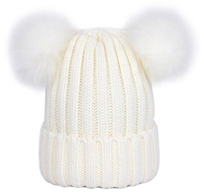 LAUSONS Warme Wintermütze für Damen Beanie Mützen Gerippte Strickmütze mit doppeltem Kunstfellbommel Weiß