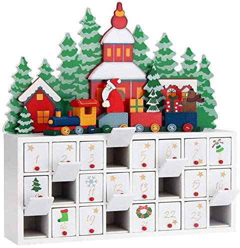Bakaji Weihnachts-Adventskalender aus Holz mit 24 nummerierten Schubladen für Überraschung, Dekorationen, Weihnachten, Haus, (Zug und Weihnachtsmann)