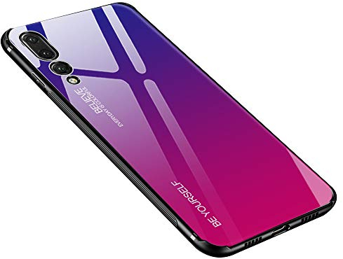 generisch Hülle Kompatibel mit Huawei P20 Pro, Gehärtetes Glas Zurück mit Weichem TPU Silikon Rahmen Handyhülle Farbverlauf Farbe Case Schutzhülle für Huawei P20 Pro (Blau-Rose)