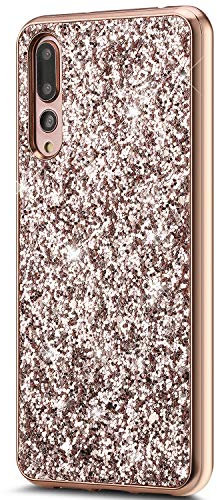 QPOLLY Cover Brillantini Compatibile con Huawei P20 Pro, Custodia Bling Glitter Design PC Duro + Interno in Morbido Silicone TPU Bumper Ultra Sottile Luminosa Placcatura Antiurto Cover,Oro Rosa