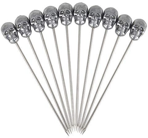 Beaumont Skull Cocktail Garnish Pick (Pack of 10) - Reusable, Durable Stainless Steel Mini Skewers Toothpicks CZ592, Silver