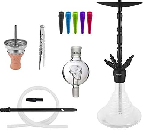 Skynet® Air Shisha Set Hookah 86cm Alu + Zubehör | große Wasserpfeife Komplett Molassefänger Schlauch Tonkopf 100x Hygienemundstück Kaminaufsatz 18/8 Schliff Edelstahl schöne Bowl - Schwarz