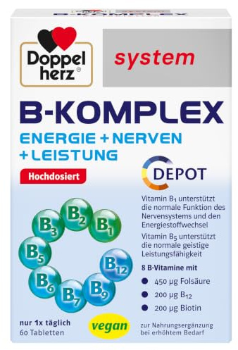 Doppelherz system B-KOMPLEX – ENERGIE + NERVEN + LEISTUNG | B-Vitamine unterstützen die normale Funktion des Nervensystems und den normalen Energiestoffwechsel - 60 Tabletten