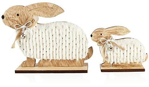 com-four® 2X Deko Aufsteller für Ostern - Kleiner und großer Osterhase hockend - Osterdeko zum Hinstellen - Osterdekoration aus Holz (02 Stück - weiß/braun)